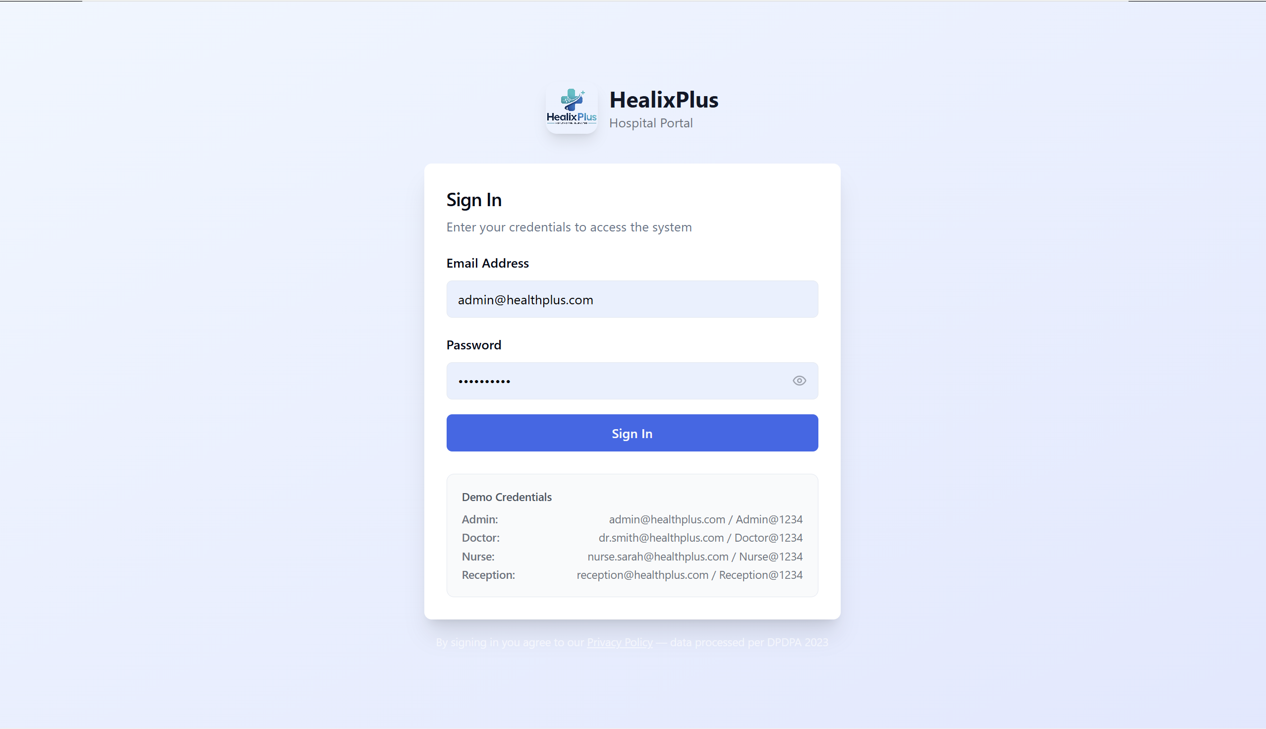 HealixPlus — Admin Login