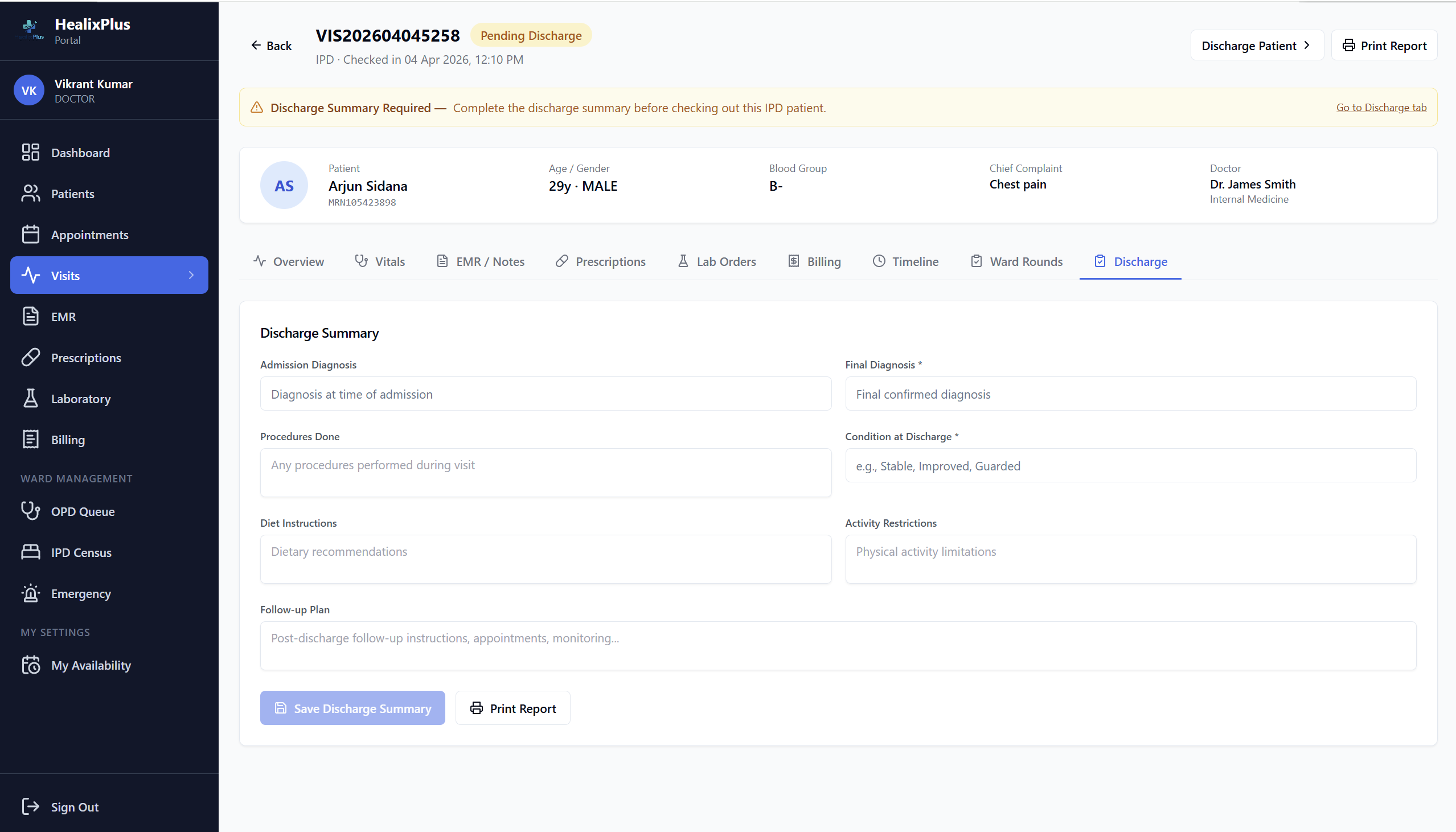 HealixPlus — Finalise EMR & Issue Discharge